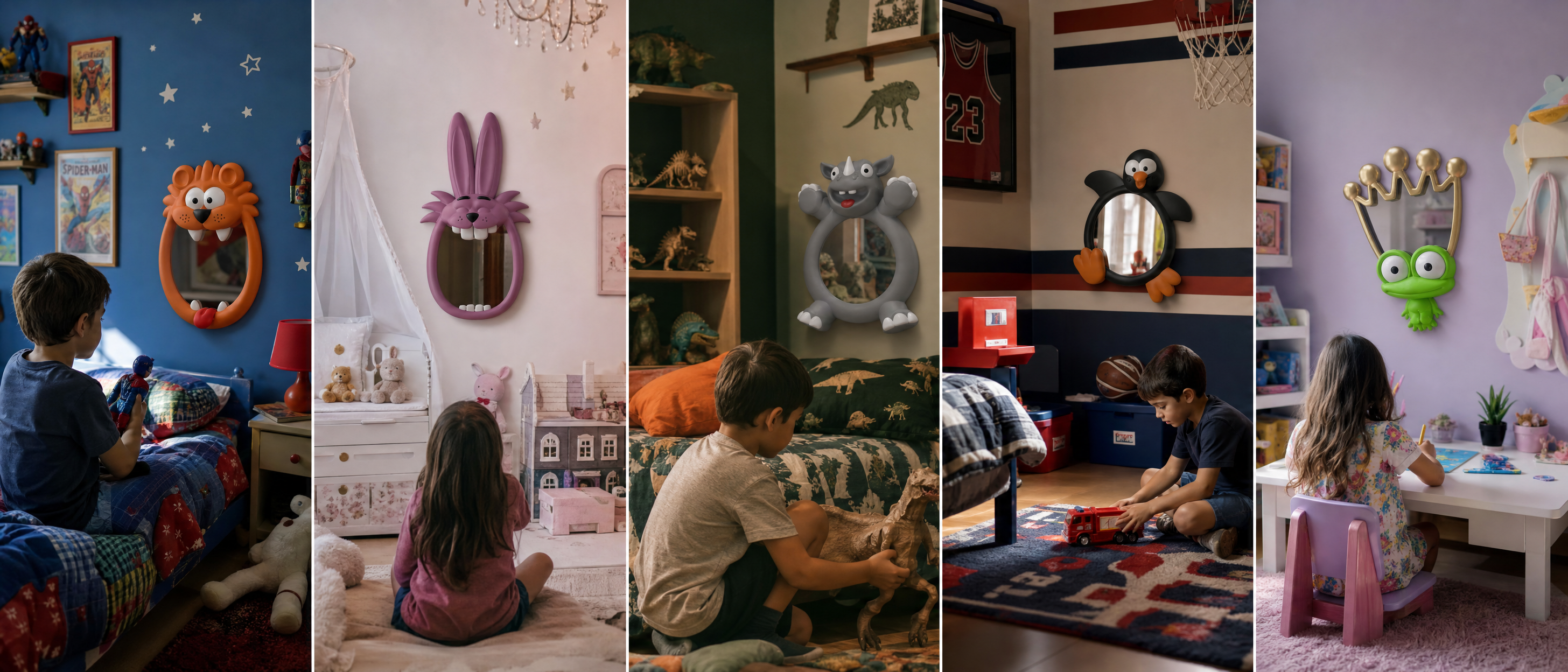 Showing children playing in colorful bedrooms, each featuring a different whimsical sculpture wall mirror: an orange tiger face, a pink bunny, a gray cat, a penguin, a green monster, and a purple rabbit. The mirrors are displayed in various bedroom settings with blue, purple, and pink walls.